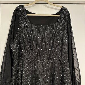 Bloomchic Size 22-24 Woman Sheer Long Sleeve Black Sparkle Square Neck Top